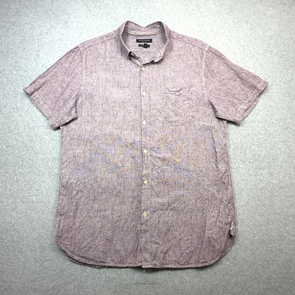 Banana Republic Shirt Mens Large Maroon Stripe Short Sleeve Button Linen Camden